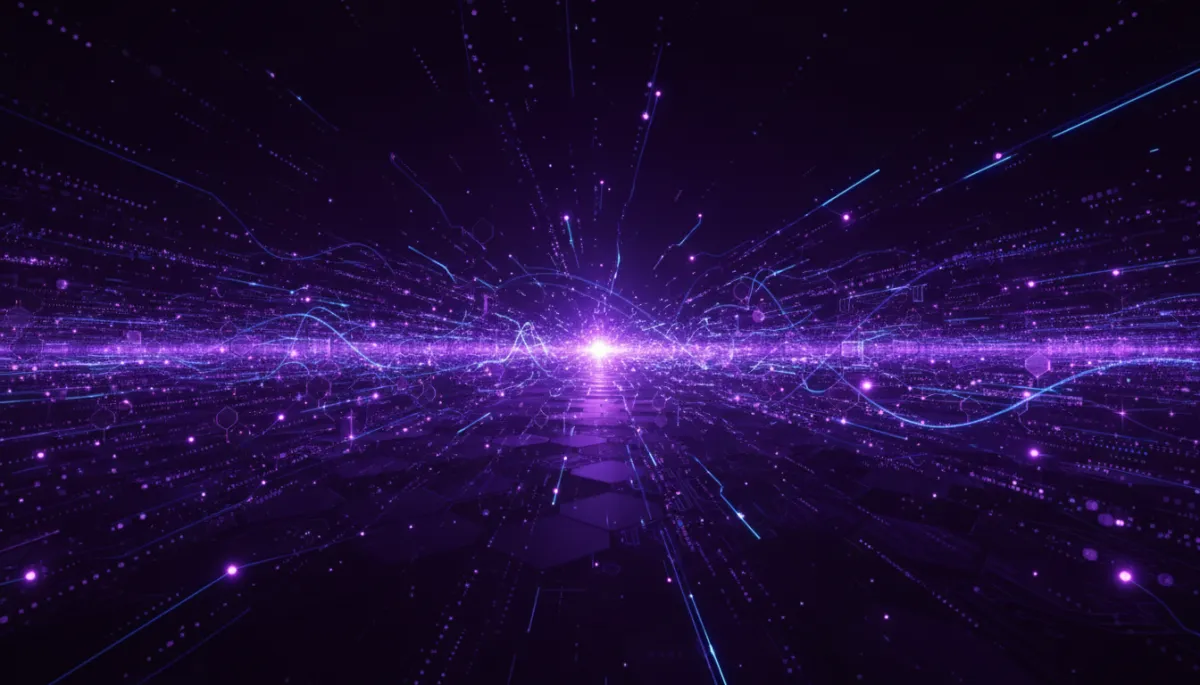 Abstract digital neural network visualization in deep purple and electric violet tones