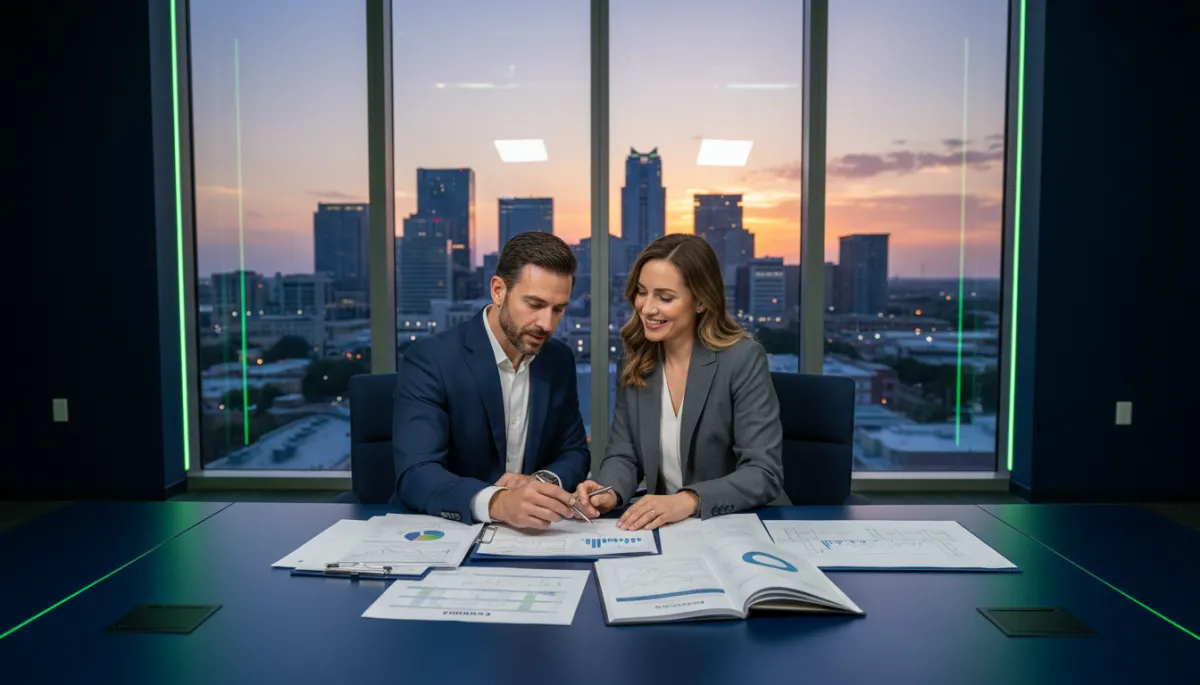Michelle and Vin — The Money Couple reviewing GAP funding deal documents with San Antonio Texas skyline in the background