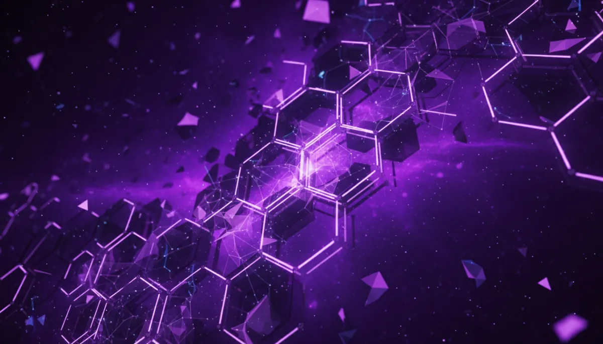 Abstract AI network visualization in deep purple and electric violet — AI content strategy for creators