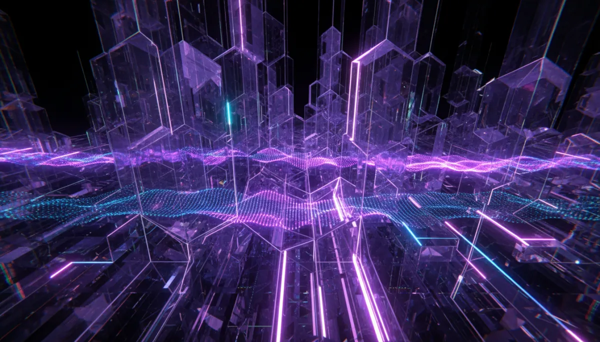 Abstract AI digital flow visualization in deep purple and electric violet