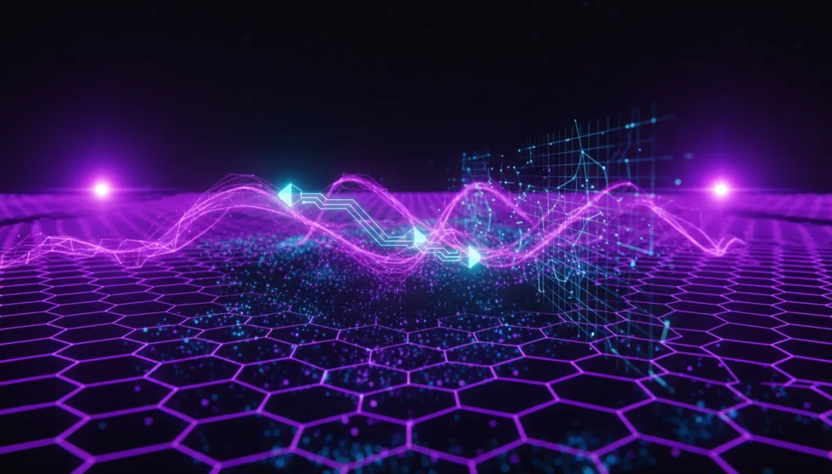 Abstract AI technology visualization in deep purple and electric violet palette
