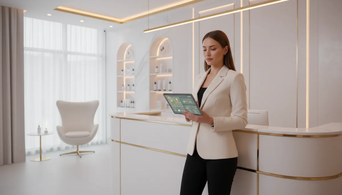 Modern cosmetic clinic coordinator reviewing AI powered patient journey automation on a tablet at a luxury reception desk