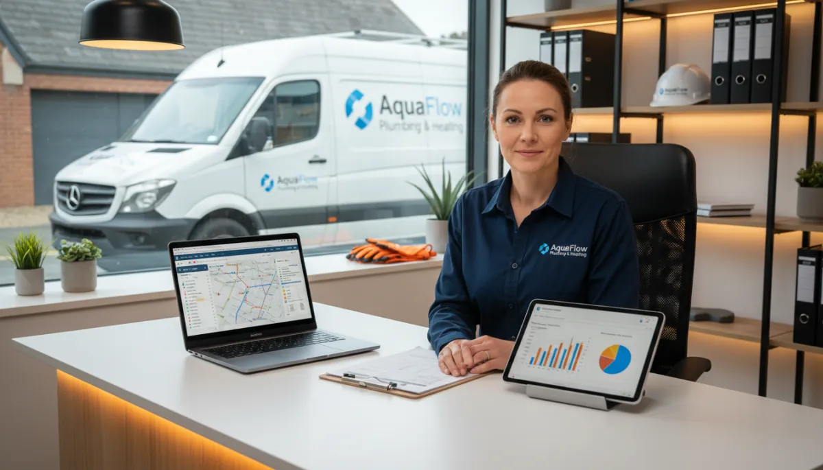 Plumbing business owner reviewing CRM dashboard and job scheduling software on laptop at office desk with branded work van visible through window