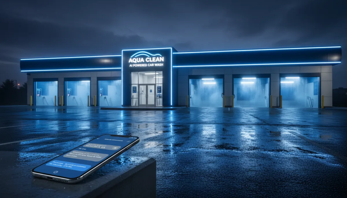 Modern car wash facility at night with AI chatbot answering vehicle enquiries on a smartphone screen