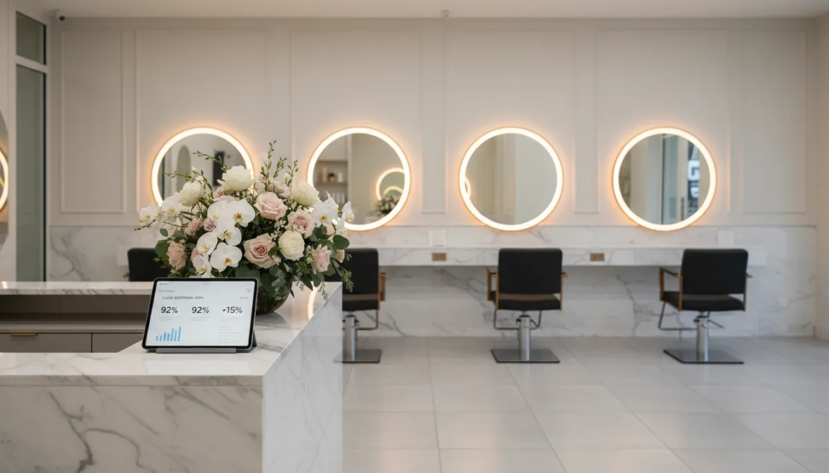Modern luxury beauty salon interior with CRM dashboard on tablet showing client retention and revenue metrics