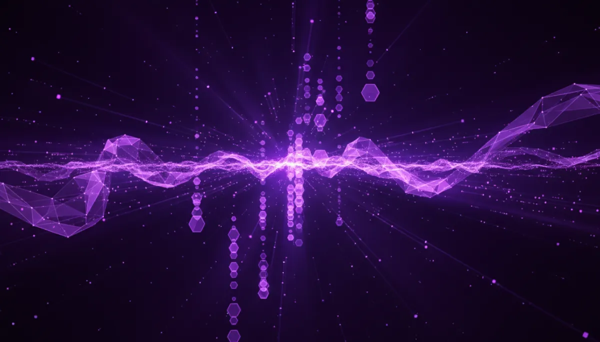 Abstract deep purple and electric violet digital technology artwork with geometric data flow and glowing particles