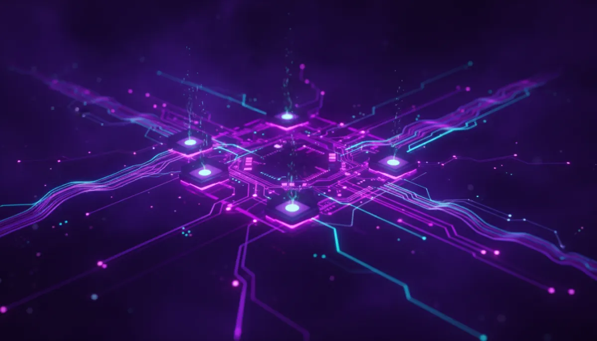 Abstract AI digital network visualization in deep purple and electric violet — AI tools for content creators 2026