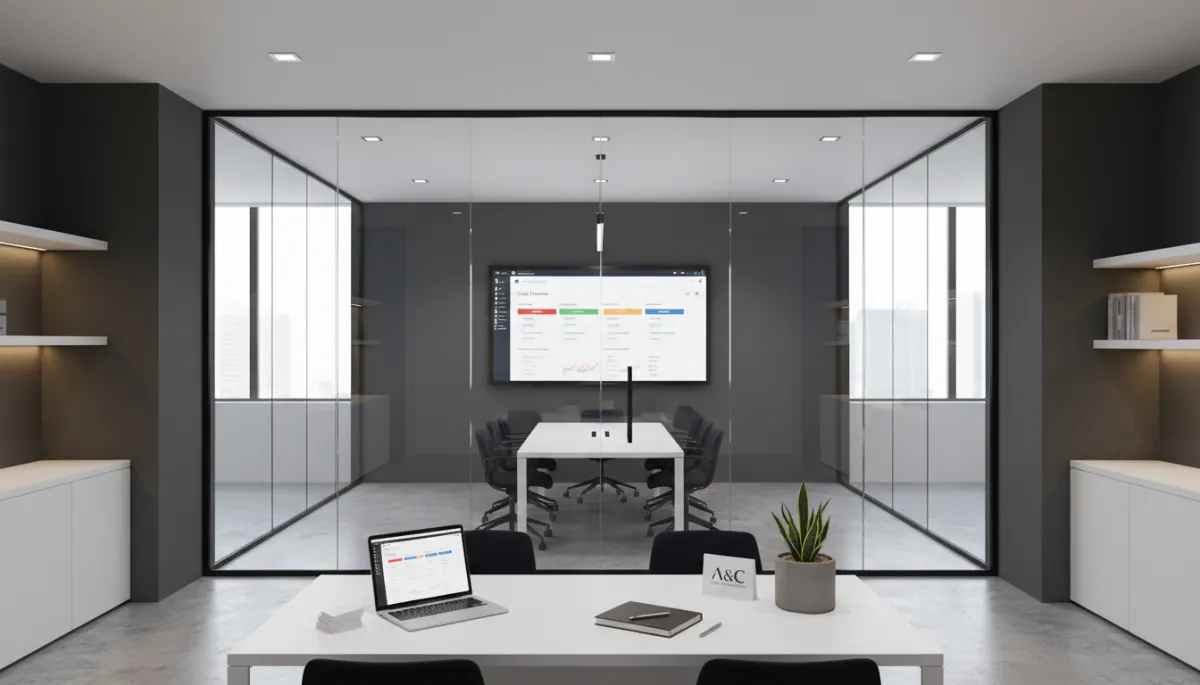 Modern accounting firm office with CRM dashboard displayed on monitor showing client pipeline and revenue metrics