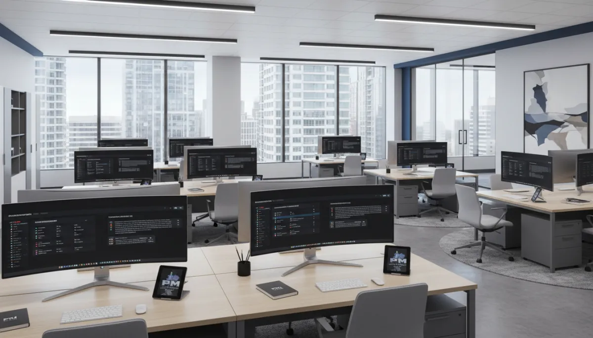 Modern property management office with large screens displaying portfolio dashboard showing maintenance tickets, leasing pipeline and tenant communication logs