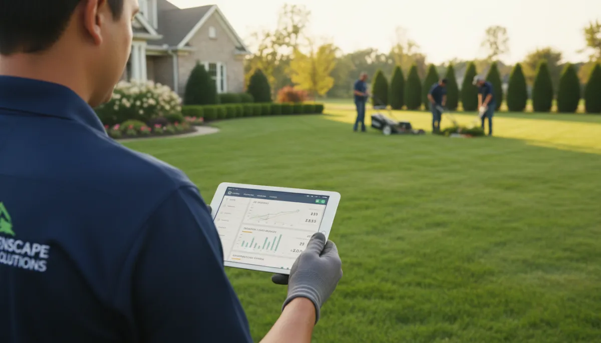 Landscaping business owner reviewing CRM dashboard on tablet with crew working on manicured lawn in the background