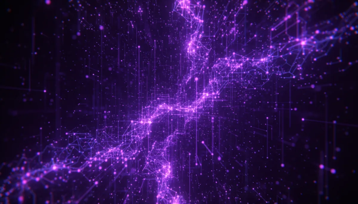 Abstract AI neural network flow visualization with deep purple and electric violet palette