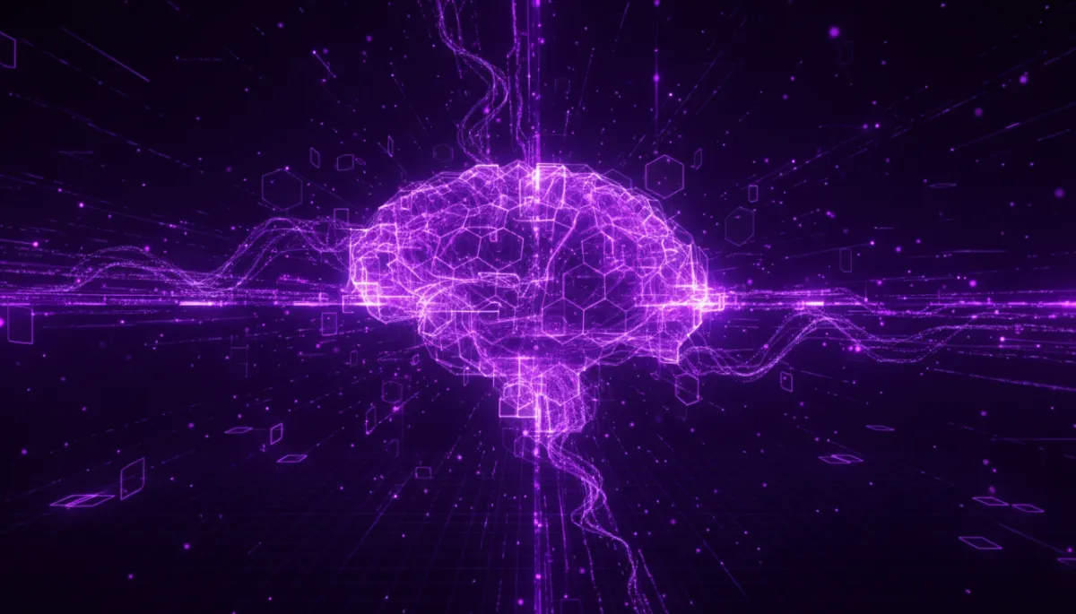 Abstract digital technology art in deep purple and electric violet for AI content creators
