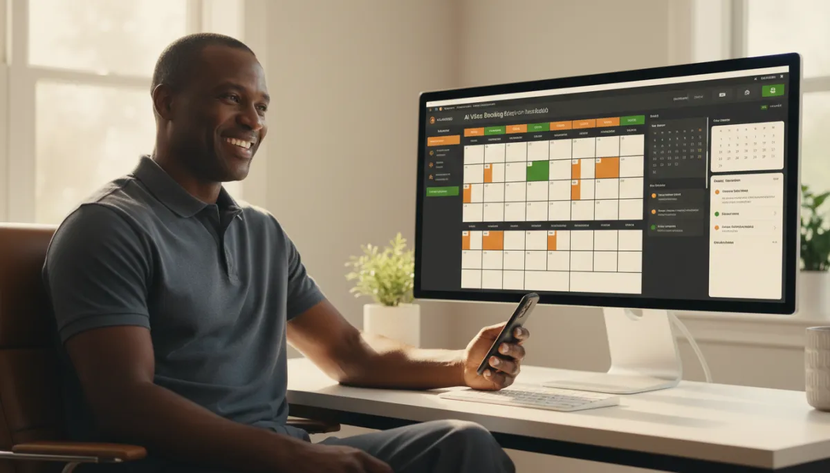 Local business owner smiling at phone while AI voice booking system handles calls automatically in 2026