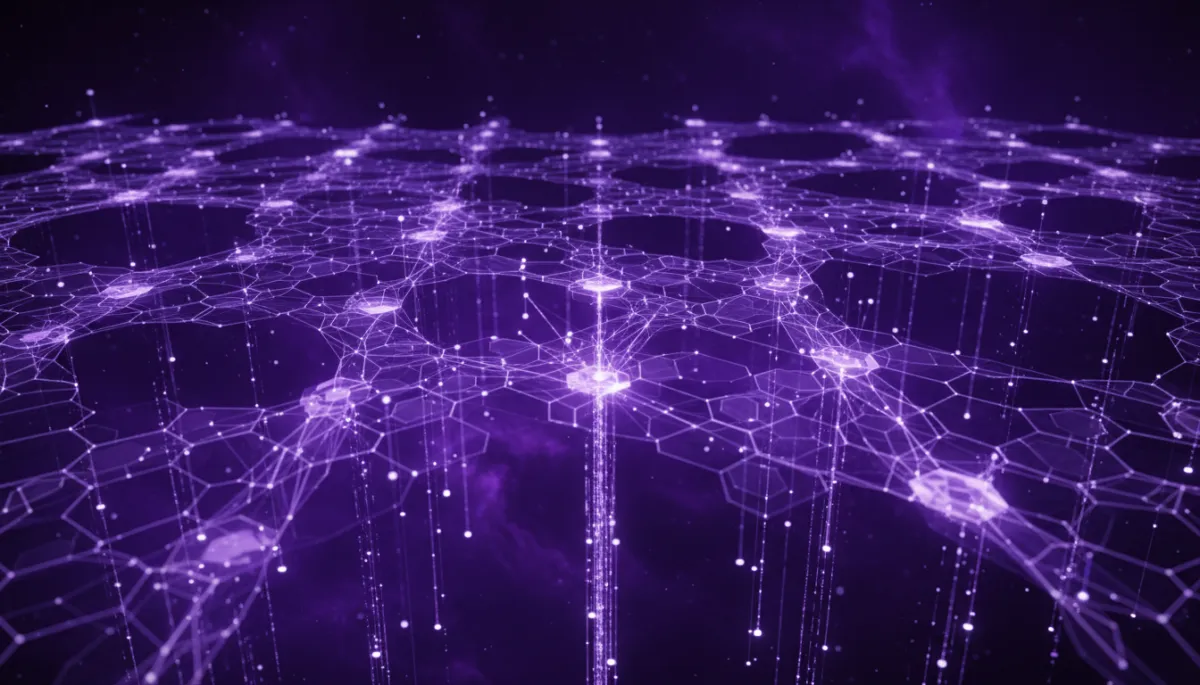 Abstract deep purple and electric violet AI neural network visualization representing the AI force multiplier for Florida content creators