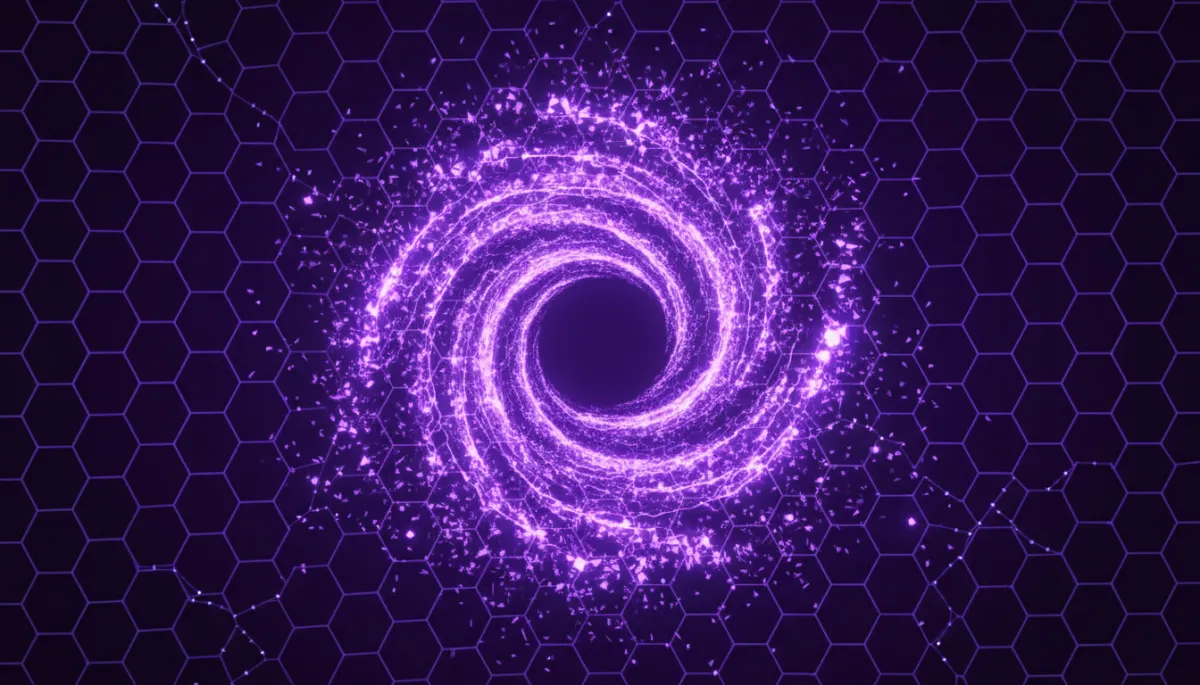 Abstract AI digital flow visualization — electric violet and deep purple data streams forming a luminous vortex