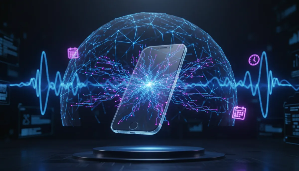 Futuristic AI voice booking system with holographic phone and neural network patterns