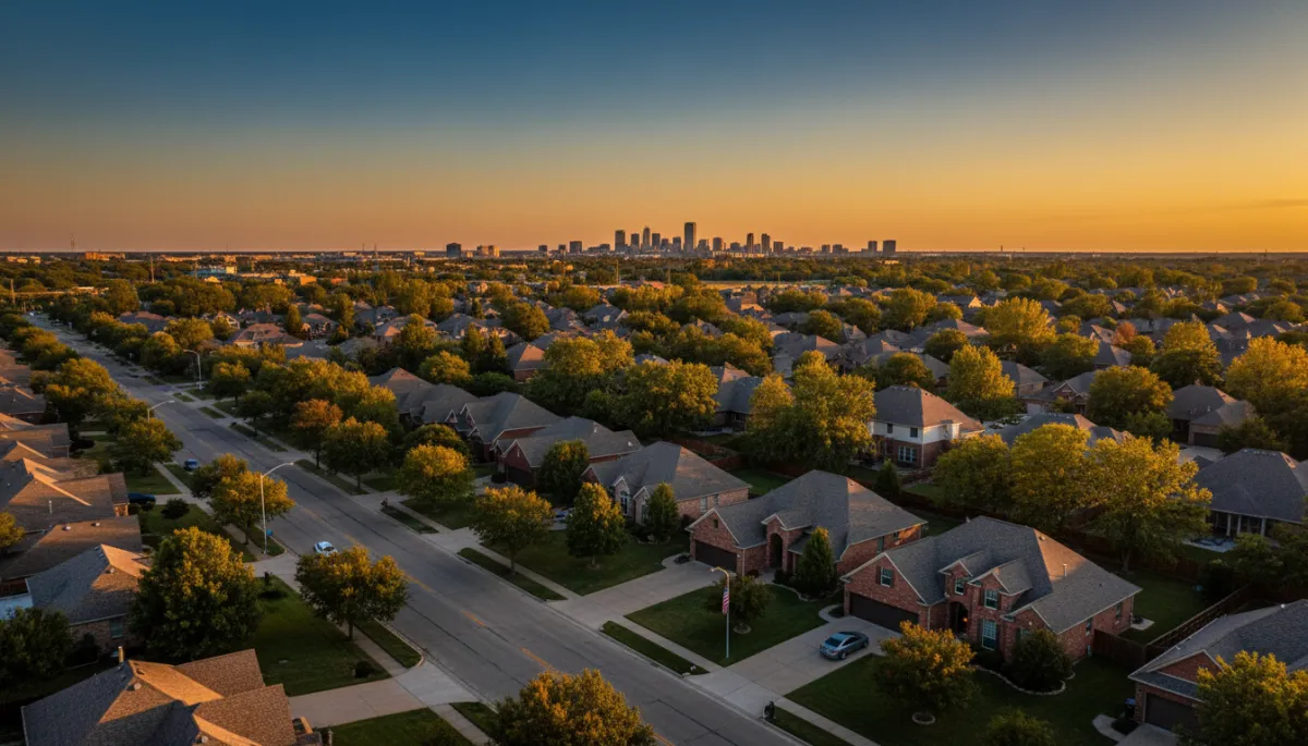 Aerial view of Edmond Oklahoma neighborhood at golden hour — OKC metro suburb real estate 2026