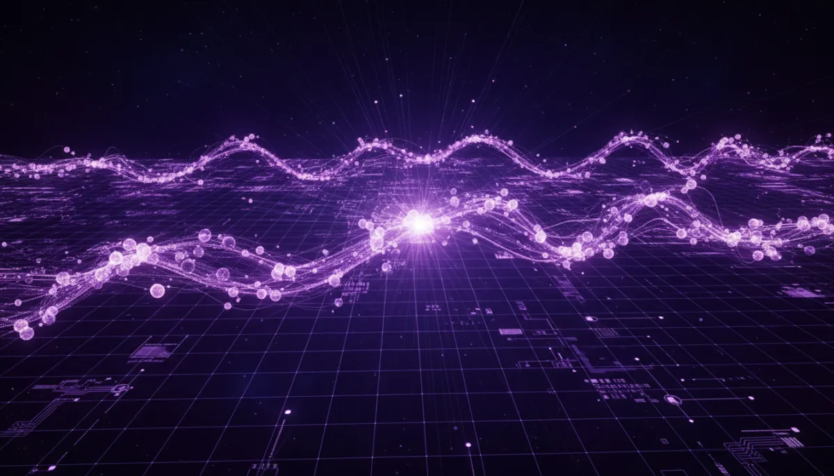 Abstract neural network visualization with deep purple and electric violet glowing nodes radiating data streams