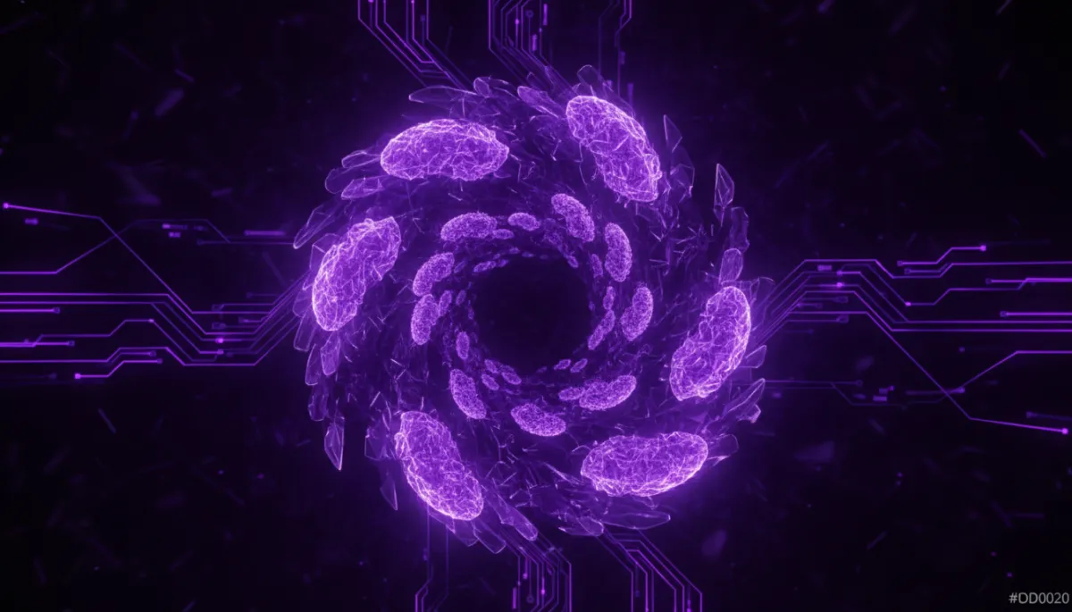 Abstract AI energy vortex in deep purple and electric violet — representing AI transformation for content creators