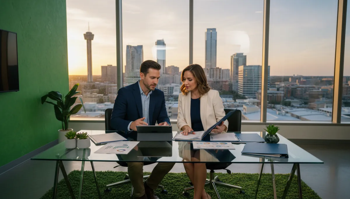 Michelle and Vin reviewing DSCR loan documents with San Antonio skyline in background
