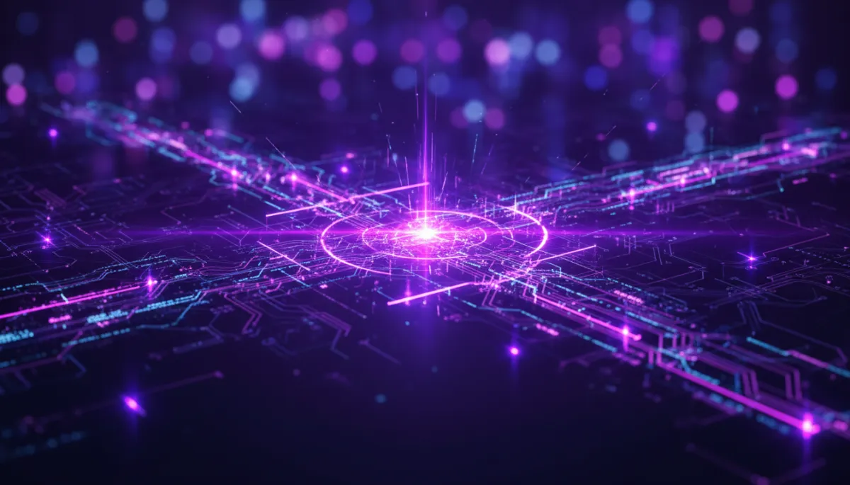 Abstract deep purple and electric violet geometric data stream — AI revolution for Florida local business owners
