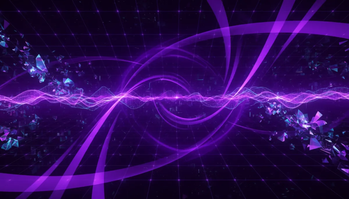 Abstract AI technology digital flow — deep purple and electric violet geometric light trails representing AI-powered content creation