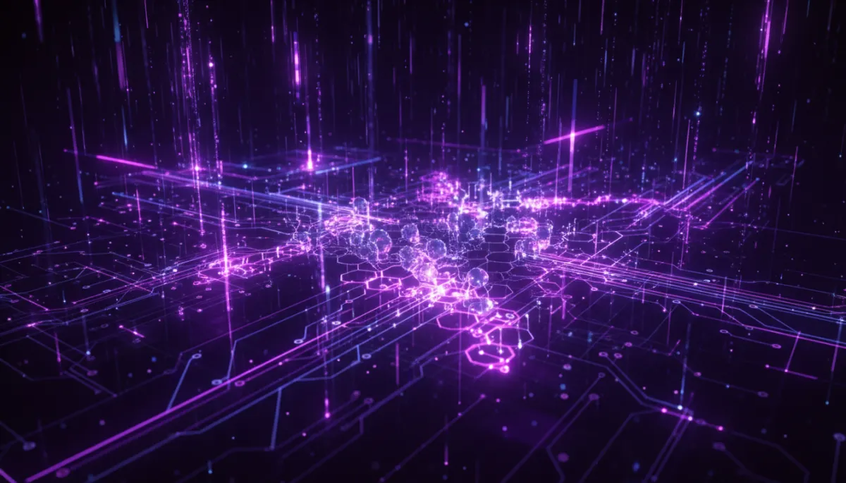 Abstract AI digital technology flow visualization in deep purple and electric violet indigo palette