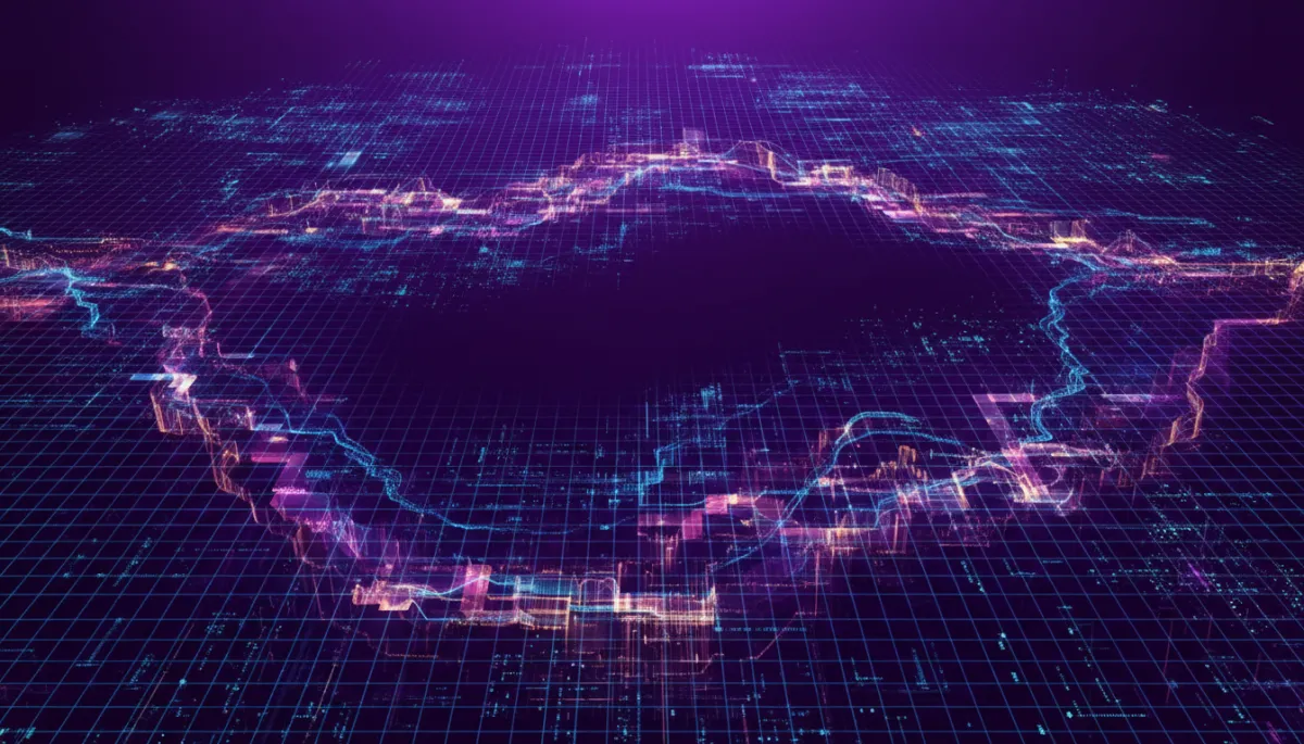Abstract deep purple and electric violet AI digital art — glowing geometric data streams and neon circuits