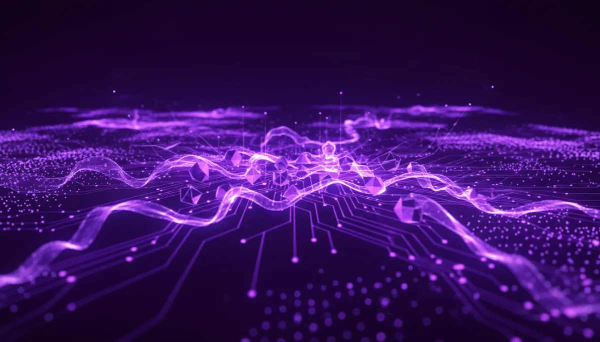 Abstract AI digital flow visualization — deep purple and electric violet indigo geometric streams