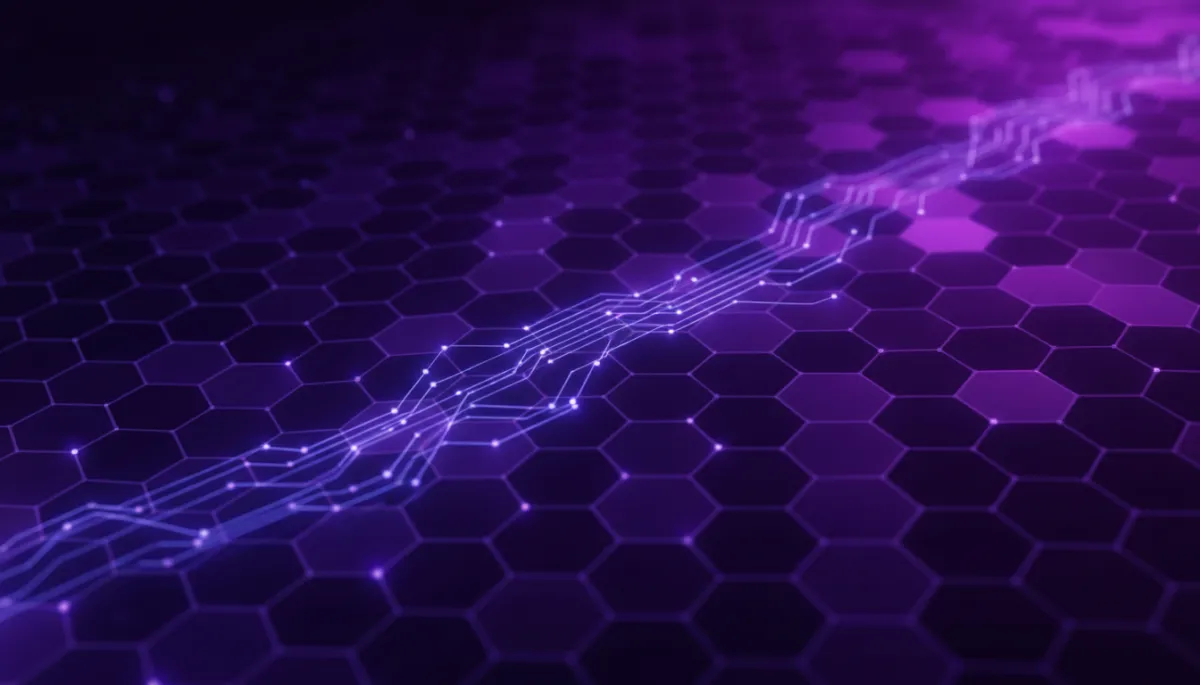 Abstract AI digital flow visualization in deep purple and electric violet