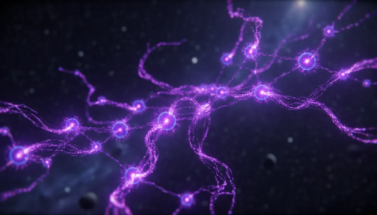 Abstract AI neural network with glowing violet light trails on deep purple background