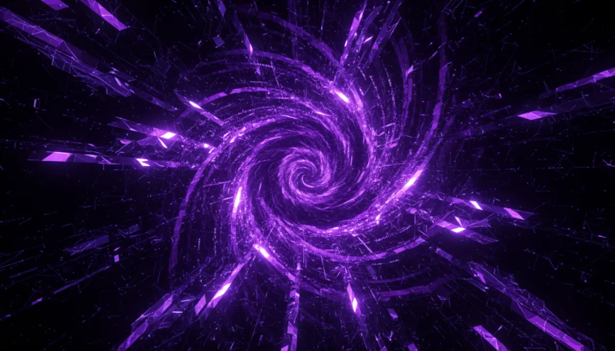 Abstract electric violet and deep purple digital data stream — AI-powered content creation visualized as glowing geometric tech art