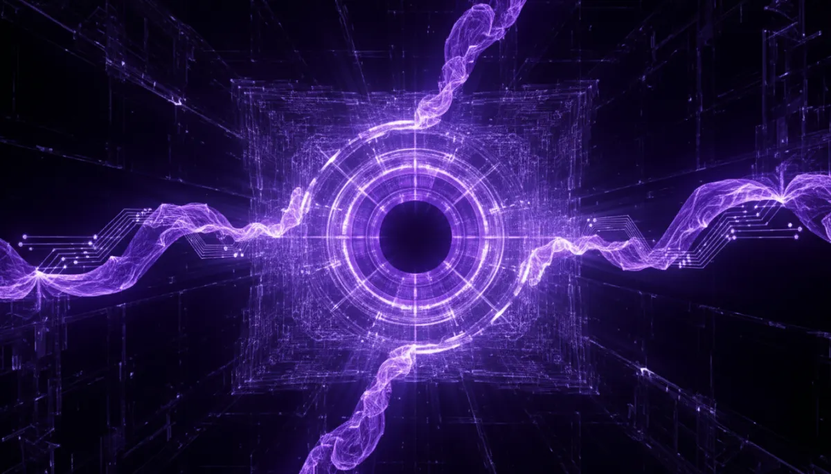 Abstract AI digital network visualization in deep purple and electric violet palette