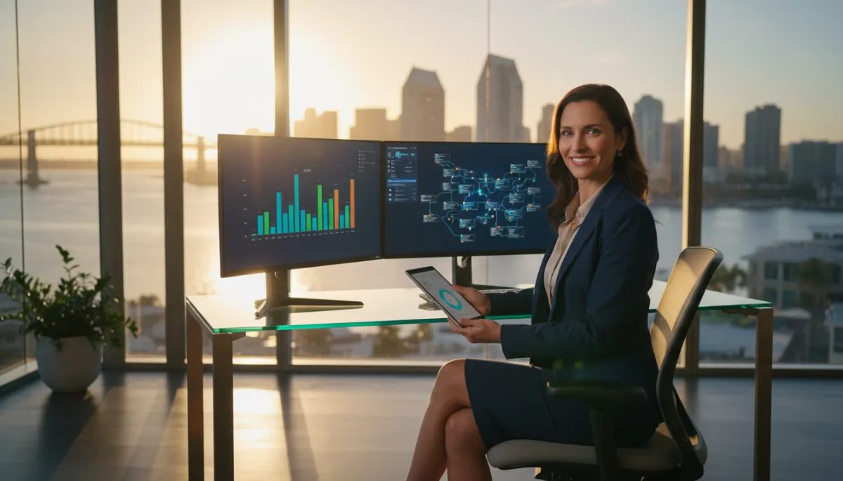 San Diego business professional using AI tools in a modern high-rise office overlooking the city skyline