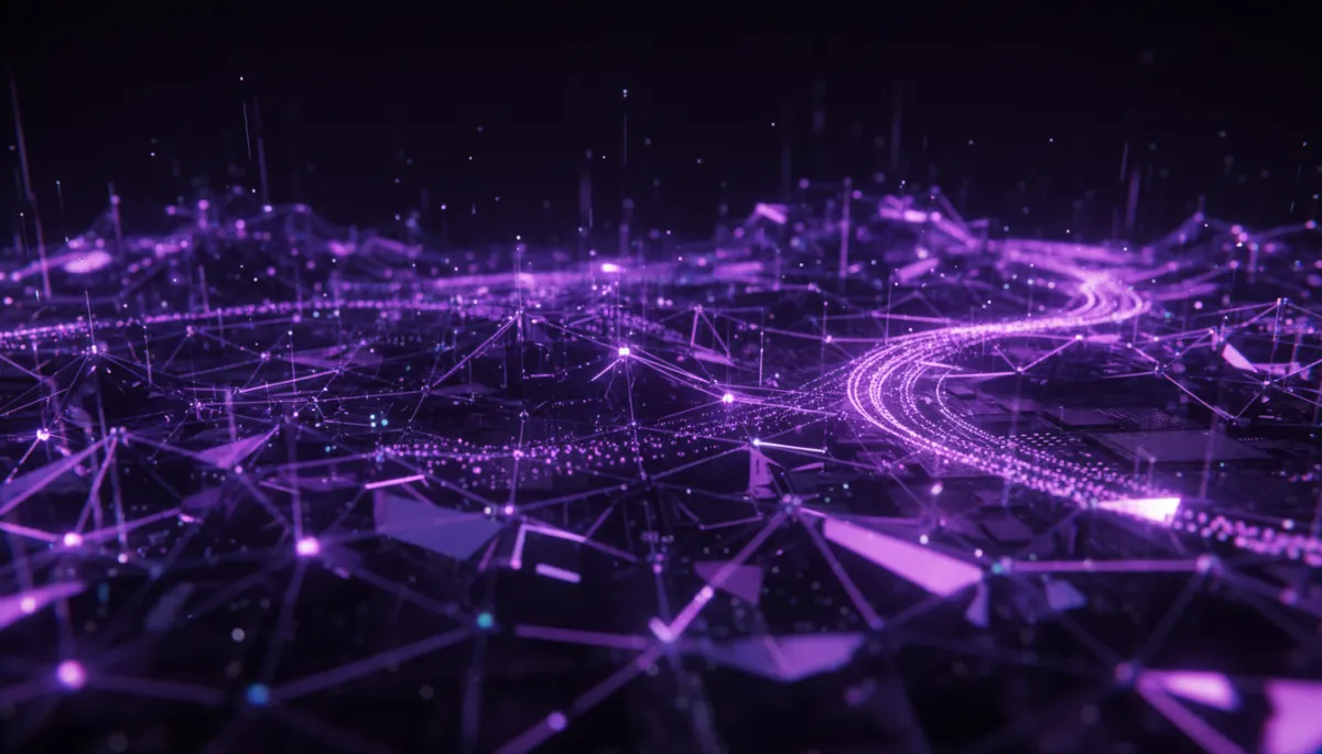 Abstract AI digital technology visualization β deep purple and electric violet geometric neural network flow patterns