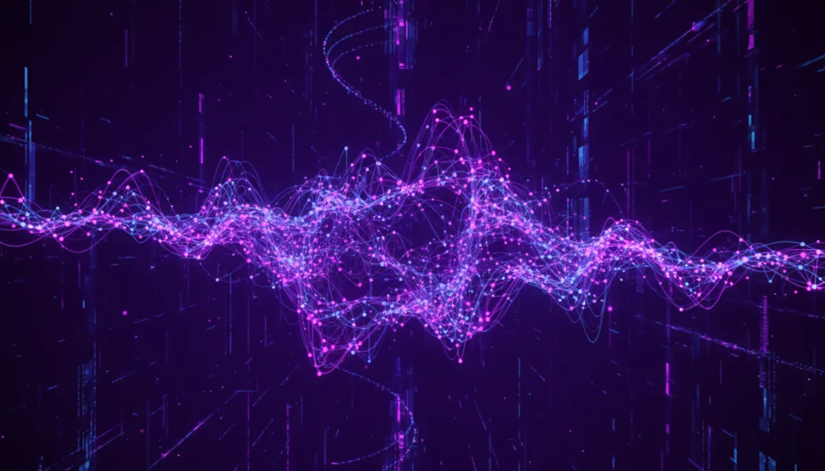 Abstract deep purple neural network flow visualization representing AI power for content creators
