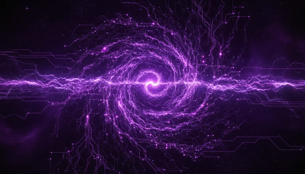 Abstract AI technology visualization with deep purple and electric violet digital data streams and geometric patterns