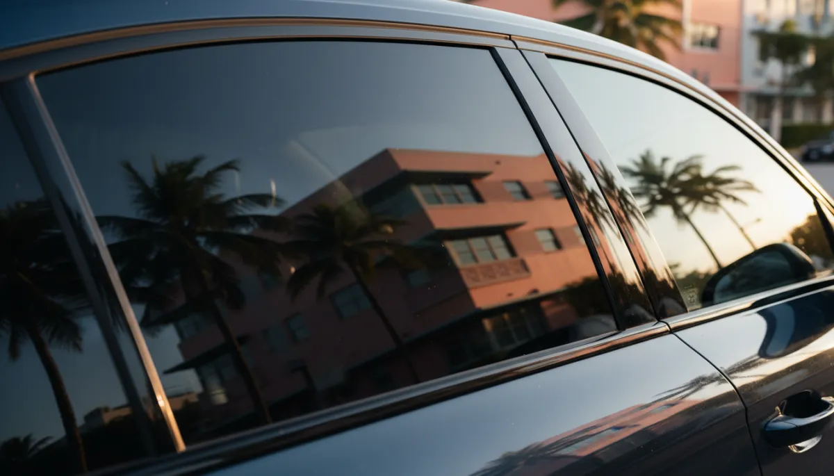 Close-up of 3M ceramic tinted car window with Miami palm trees reflected in the glass