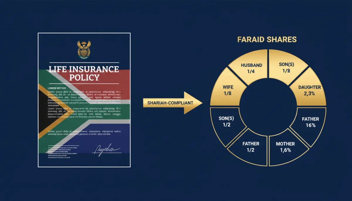 South African life insurance policy document alongside an Islamic faraid inheritance distribution chart