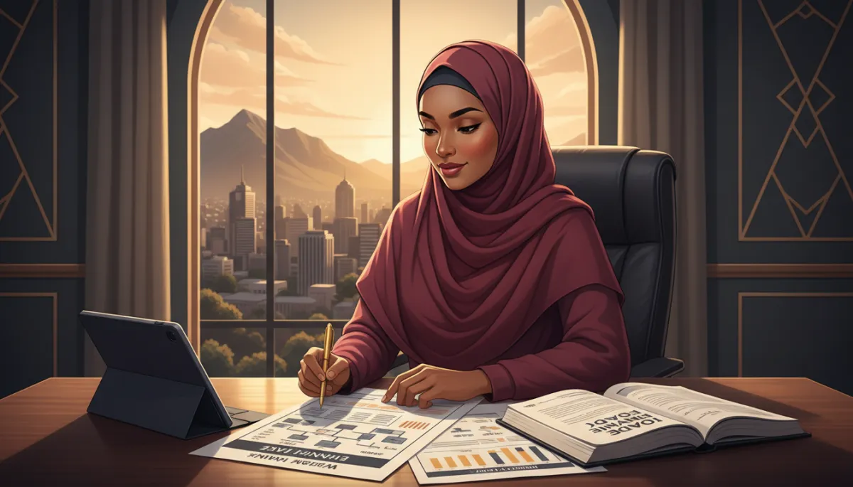 South African Muslim woman reviewing inheritance planning documents at a modern desk