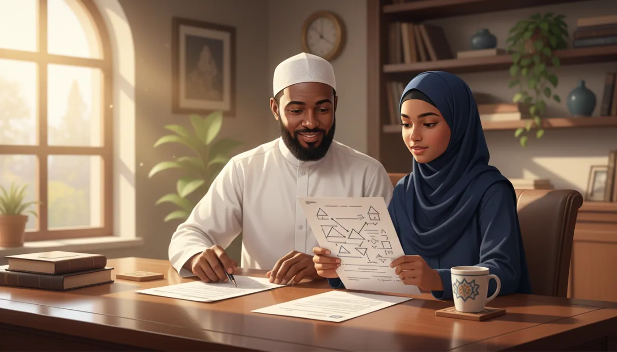 South African Muslim father and daughter reviewing Islamic inheritance documents at a home office desk