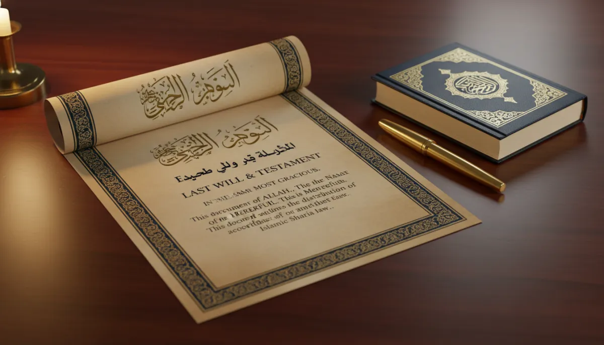 Islamic will document with Arabic calligraphy scroll and gold fountain pen on a polished wooden desk