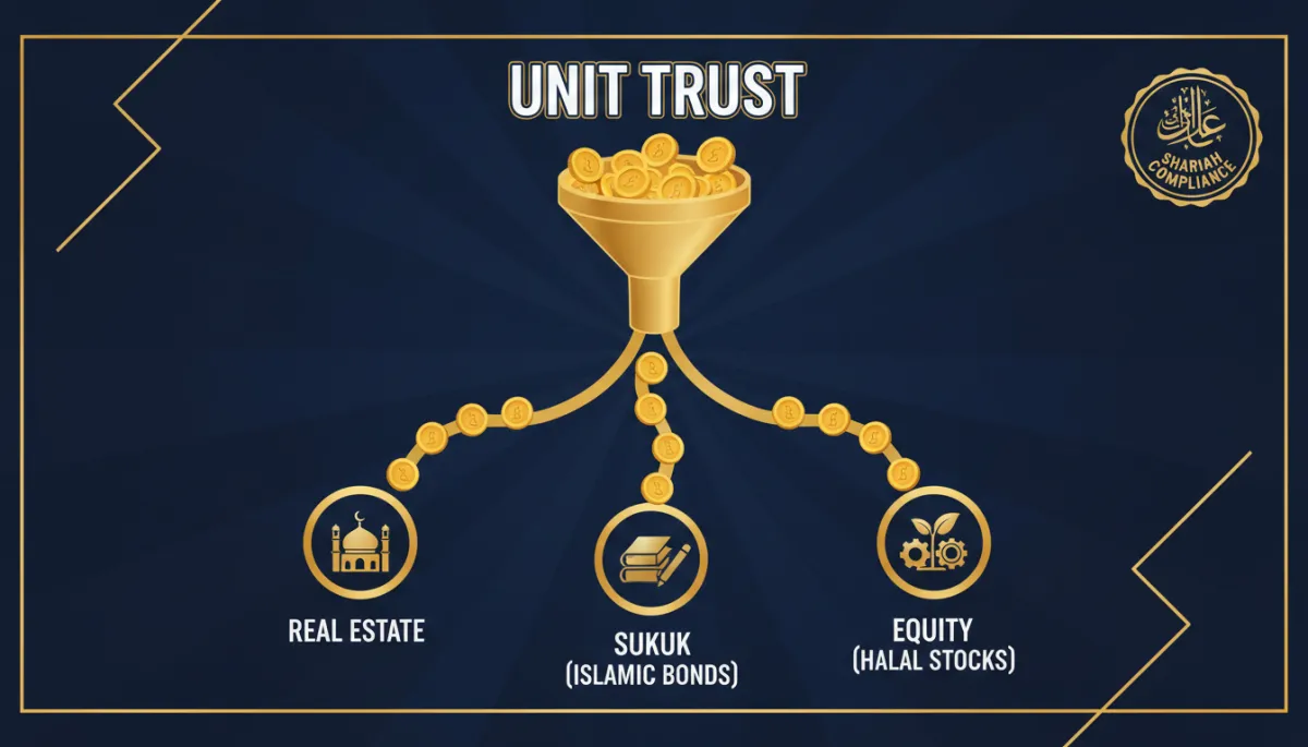 Illustration of a unit trust investment funnel splitting into multiple Shariah-compliant asset streams