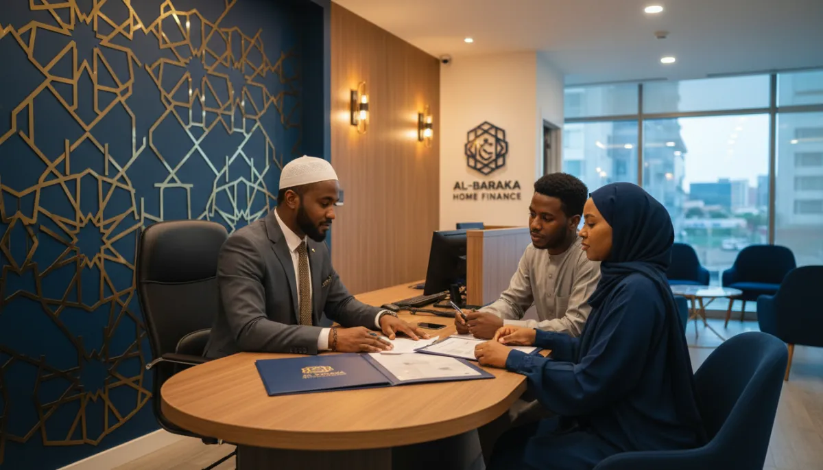South African Muslim bank advisor discussing Islamic home finance documents with a Muslim couple at a bank branch with Islamic geometric art on the wall