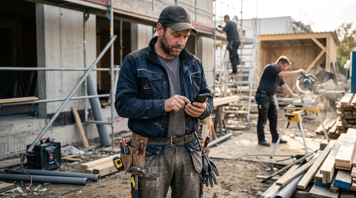 Handwerker auf Baustelle mit verpassten Anrufen auf dem Smartphone