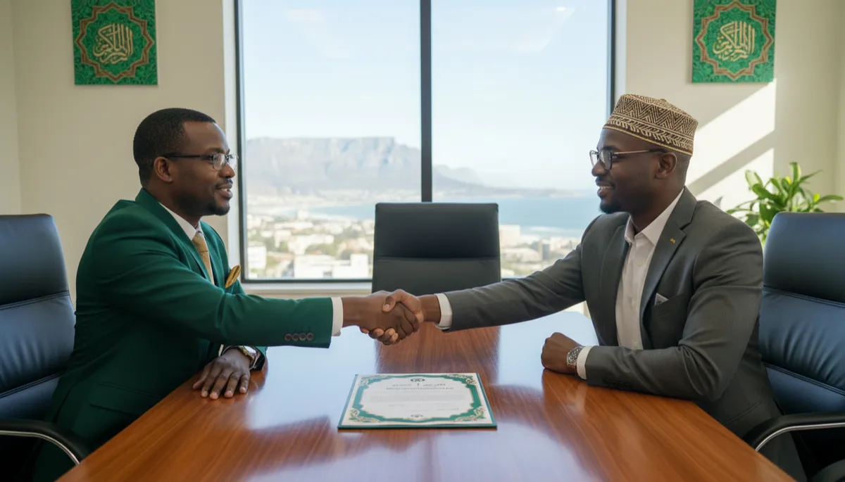 Illustration of business partners shaking hands across a table with a contract.