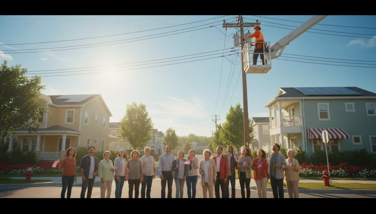 Utility worker restoring power lines in a neighborhood