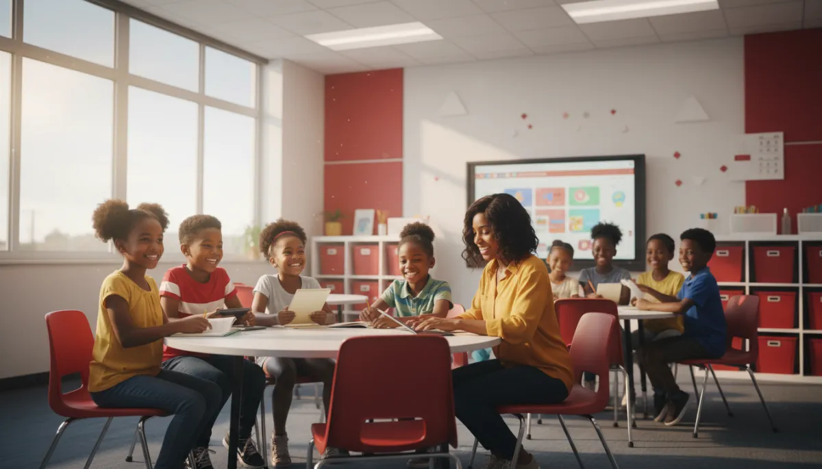 Black elementary students learning in a bright classroom