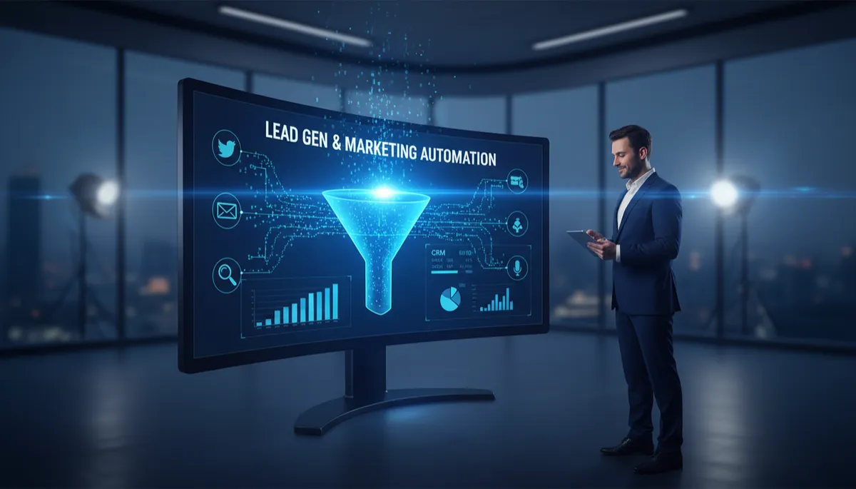 Lead generation automation funnel showing data flowing through a CRM system