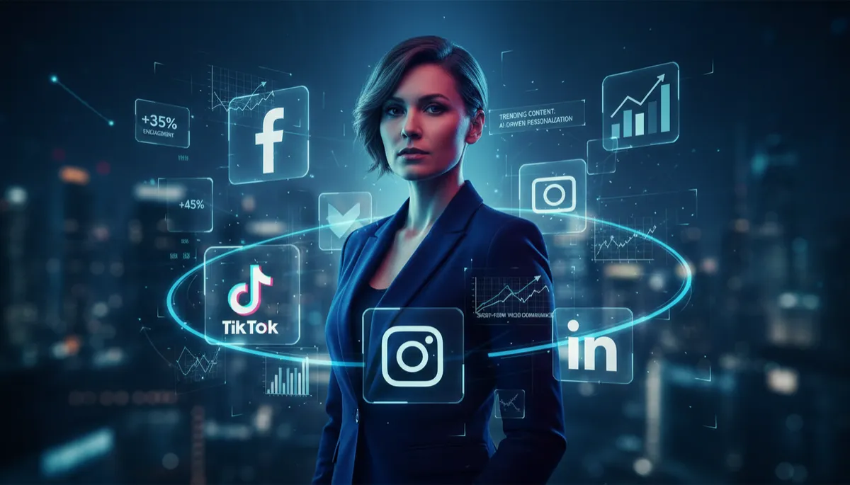 Social media marketing professional surrounded by holographic social media platform interfaces showing 2026 trends